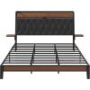 imageWLIVE Queen Size Upholstered Bed Frame with 2 Side Shelves Linen Tufted Storage Headboard with Charging Ports and LED Light Metal Solid and Stable No Box Spring Needed Easy Assembly BeigeBlack