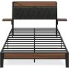 imageWLIVE Queen Size Upholstered Bed Frame with 2 Side Shelves Linen Tufted Storage Headboard with Charging Ports and LED Light Metal Solid and Stable No Box Spring Needed Easy Assembly BeigeBlack