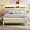 imageWLIVE Queen Size Upholstered Bed Frame with 2 Side Shelves Linen Tufted Storage Headboard with Charging Ports and LED Light Metal Solid and Stable No Box Spring Needed Easy Assembly BeigeWhite