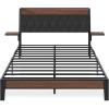imageWLIVE Queen Size Upholstered Bed Frame with 2 Side Shelves Linen Tufted Storage Headboard with Charging Ports and LED Light Metal Solid and Stable No Box Spring Needed Easy Assembly BeigeBlack