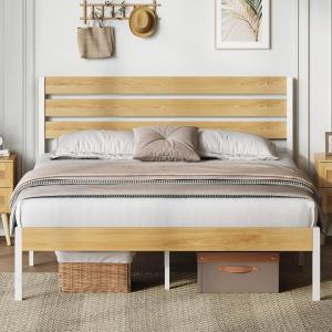 imageWLIVE Queen Bed Frame with Wooden Headboard and Footboard Metal Platform Bed Frame with Under Bed Storage Nos Box Spring Needed Easy Assembly Rustic BrownNatural Oak