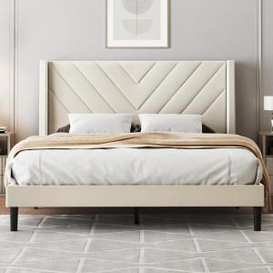 imageWLIVE Queen Size Upholstered Bed Frame with Wing Side Tufted Headboard Velvet Tufted Platform Bed Sturdy Metal ampamp Wooden Slats Support No Box Spring Needed BeigeBeige
