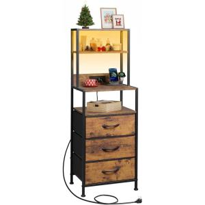 imageWLIVE Tall Nightstand with Charging Station LED Night Stand with 3 Fabric Drawers and Storage Open Shelves Bedroom Nightstand table Bed Side Table for Living Room BlackRustic Brown