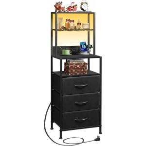 imageWLIVE Tall Nightstand with Charging Station LED Night Stand with 3 Fabric Drawers and Storage Open Shelves Bedroom Nightstand table Bed Side Table for Living Room BlackBlack