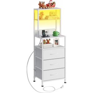 imageWLIVE Tall Nightstand with Charging Station LED Night Stand with 3 Fabric Drawers and Storage Open Shelves Bedroom Nightstand table Bed Side Table for Living Room BlackWhite