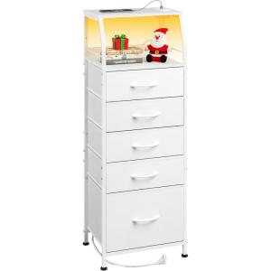 imageWLIVE LED Nightstand with Charging Station Fabric Dresser with 5 Drawers for Bedroom Tall Night Stand with Open Shelves Bed Side Tables Living Room BlackWhite