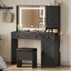imageWLIVE Farmhouse Vanity Desk with Mirror and Lights Makeup Table with Charging Station 2 Drawers and 2 Cabinets Vanity Set with Hair Dryer Holder for Bedroom WhiteBlack