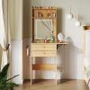imageWLIVE Small Vanity Desk with Mirror and Lights Dressing Table with 2 Drawers Foldup Panel and Chair Makeup Vanity Set with Charging Station for Bedroom BlackNatural Oak