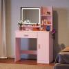 imageWLIVE Vanity Desk with Mirror and Lights Makeup Table with Drawer Cabinet and Open Shelves Bedroom Dressing Table with Charging Station PinkPink