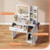 imageWLIVE Vanity Desk with Mirror and Lights Makeup Table with Drawer Cabinet and Open Shelves Bedroom Dressing Table with Charging Station PinkWhite