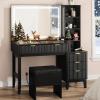 imageWLIVE Fluted Vanity Desk with Mirror and Lights Makeup Table with 5 Drawers and Storage Shelves Bedroom Dressing Table with Charging Station BlackBlack