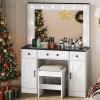 imageWLIVE Make up Vanity Desk with Mirror and Lights Makeup Table Set with 5 Drawers and Cabinets Dressing Table with Charging Station Hair Dryer Holder for Bedroom WhiteFarmhouse