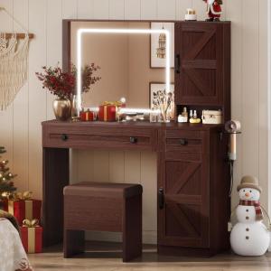 imageWLIVE Farmhouse Vanity Desk with Mirror and Lights Makeup Table with Charging Station 2 Drawers and 2 Cabinets Vanity Set with Hair Dryer Holder for Bedroom WhiteEspresso