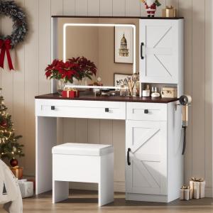 imageWLIVE Farmhouse Vanity Desk with Mirror and Lights Makeup Table with Charging Station 2 Drawers and 2 Cabinets Vanity Set with Hair Dryer Holder for Bedroom WhiteWhite