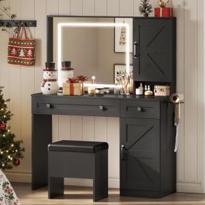imageWLIVE Farmhouse Vanity Desk with Mirror and Lights Makeup Table with Charging Station 2 Drawers and 2 Cabinets Vanity Set with Hair Dryer Holder for Bedroom WhiteBlack