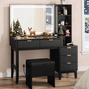 imageWLIVE Fluted Vanity Desk with Mirror and Lights Makeup Table with 5 Drawers and Storage Shelves Bedroom Dressing Table with Charging Station BlackBlack