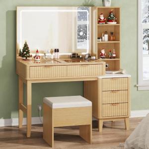 imageWLIVE Fluted Vanity Desk with Mirror and Lights Makeup Table with 5 Drawers and Storage Shelves Bedroom Dressing Table with Charging Station BlackNatural Oak