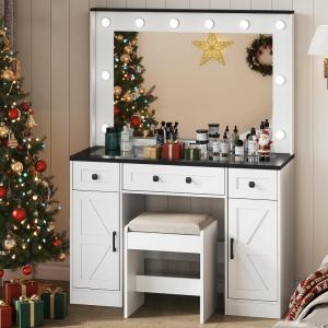 imageWLIVE Make up Vanity Desk with Mirror and Lights Makeup Table Set with 5 Drawers and Cabinets Dressing Table with Charging Station Hair Dryer Holder for Bedroom WhiteFarmhouse