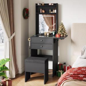 imageWLIVE Small Vanity Desk with Mirror and Lights Dressing Table with 2 Drawers Foldup Panel and Chair Makeup Vanity Set with Charging Station for Bedroom BlackBlack