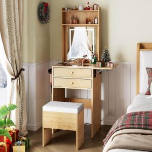 imageWLIVE Small Vanity Desk with Mirror and Lights Dressing Table with 2 Drawers Foldup Panel and Chair Makeup Vanity Set with Charging Station for Bedroom BlackNatural Oak