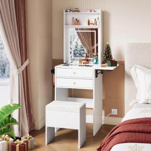 imageWLIVE Small Vanity Desk with Mirror and Lights Dressing Table with 2 Drawers Foldup Panel and Chair Makeup Vanity Set with Charging Station for Bedroom BlackWhite