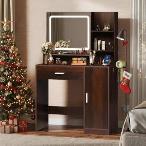 imageWLIVE Vanity Desk with Mirror and Lights Makeup Table with Drawer Cabinet and Open Shelves Bedroom Dressing Table with Charging Station PinkEspresso