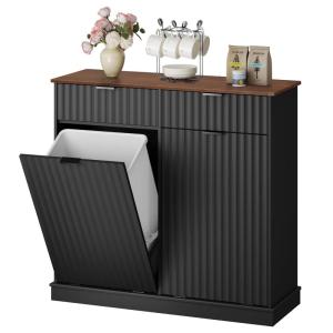 imageWLIVE 10 Gallon Tilt Out Trash Can Cabinet Pet Proof Hidden Trash Can Cabinet with Storage Wooden Laundry Hamper for Kitchen Home Laundry WhiteBlack