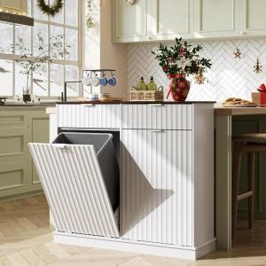 imageWLIVE 10 Gallon Tilt Out Trash Can Cabinet Pet Proof Hidden Trash Can Cabinet with Storage Wooden Laundry Hamper for Kitchen Home Laundry WhiteWhite