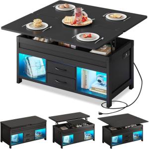 imageWLIVE 40 Lift Top Coffee Table 4 in 1 Coffee Tables with Storage 2 Fabric Drawers LED Light and USB Modern Coffee Table with Hidden Compartment for Living Room Dining Room BlackBlack