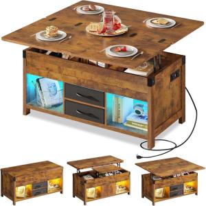 imageWLIVE 40 Lift Top Coffee Table 4 in 1 Coffee Tables with Storage 2 Fabric Drawers LED Light and USB Modern Coffee Table with Hidden Compartment for Living Room Dining Room BlackRustic Brown