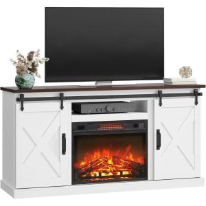 imageWLIVE Farmhouse Electric Fireplace TV Stand for TVs up to 65 Entertainment Center with Sliding XShaped Barn Door amp Storage Cabinet Media TV Console with 23 Fireplace for All Seasons WhiteBright White