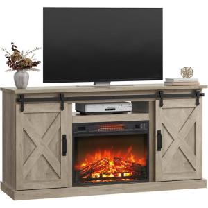 imageWLIVE Farmhouse Electric Fireplace TV Stand for TVs up to 65 Entertainment Center with Sliding XShaped Barn Door amp Storage Cabinet Media TV Console with 23 Fireplace for All Seasons WhiteGrey Oak