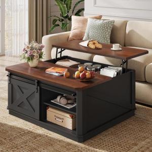 imageWLIVE Framhouse Coffee Table with Storage 355 Lift Top Coffee Table for Living Room Square Center Table Rustic Cocktail Table with Sliding Barn Doors Curevd Base WhiteBlack