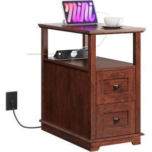 imageWLIVE Narrow Side Table with Charging Station Wooden End Table with 2 Drawers End Tables Living Room Bedroom Small Space Antique CherryAntique Cherry