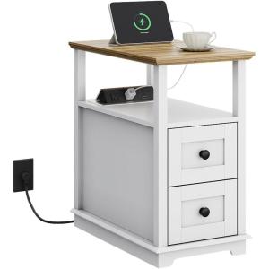 imageWLIVE Narrow Side Table with Charging Station Wooden End Table with 2 Drawers End Tables Living Room Bedroom Small Space Antique CherryWhite