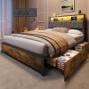 imageWLIVE Queen Bed Frame with 4 Storage Drawers Upholstered Bed Frame with Headboard Platform Bed with LED Lights and Charging Station 1500LBS Mattress Foundation No Box Spring NeededBrown and Black
