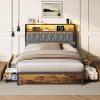 imageWLIVE Queen Bed Frame with 4 Storage Drawers Upholstered Bed Frame with Headboard Platform Bed with LED Lights and Charging Station 1500LBS Mattress Foundation No Box Spring NeededBrown and Black