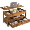 imageWLIVE 39 Coffee Table Lift Top Coffee Table with Drawers Large Hidden Compartment and Open Storage Shelf Wooden Lift Tabletop for Living Room Rustic Brown