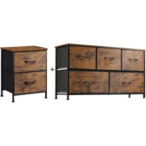 imageWLIVE 2Drawer Nightstand and 5Drawer Dresser Set Fabric Storage Tower for Bedroom Hallway Closets Tall Chest Organizer Unit with Textured Print Fabric Bins Steel Frame Wood Grain Print