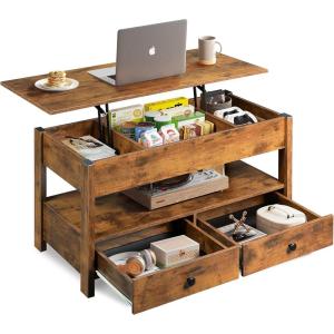 imageWLIVE 39 Coffee Table Lift Top Coffee Table with Drawers Large Hidden Compartment and Open Storage Shelf Wooden Lift Tabletop for Living Room Rustic Brown