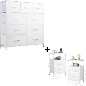 imageWLIVE 9Drawer Dresser amp Nightstands for Bedroom Set of 2 Organizer Unit for Bedroom with Fabric Bins Steel Frame Wood Top Easy Pull Handle White