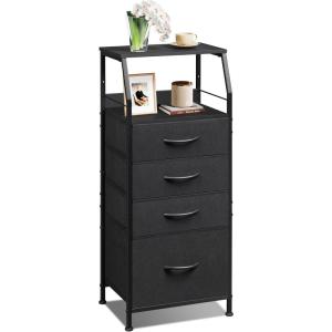 imageWLIVE Black Fabric Dresser for Bedroom Tall Nightstand with 5 Drawers amp 2 Open Shelves Modern Night Stand Organizer Sturdy Steel Frame Bedside TableBlack