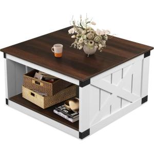imageWLIVE Coffee Table Farmhouse Coffee Table with Open Storage 315 Wood Square Living Room Tables Rustic Dining Cocktail Center Table for Living Room Grey amp WhiteEspresso