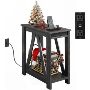 imageWLIVE Farmhouse End Table Narrow Side Table with Charging Station Slim End Table Side Table for Bedroom Living Room Small Spaces 2 USB and 2 Power Outlets Rustic BrownCharcoal Black