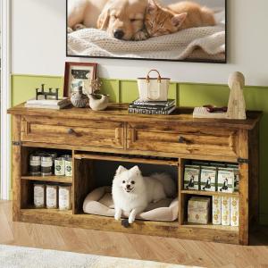 imageWLIVE Farmhouse TV Stand up to 65 Inch TV with 2 Storage Drawers amp Open Shelves Entertainment Center with Small DogCat House TV Cabinet for Living Room BedroomDog Crate Furniture Milk WhiteRetro Brown