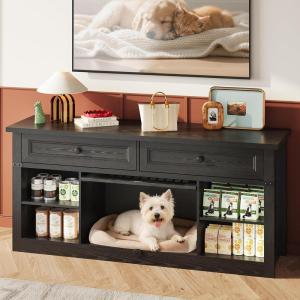 imageWLIVE Farmhouse TV Stand up to 65 Inch TV with 2 Storage Drawers amp Open Shelves Entertainment Center with Small DogCat House TV Cabinet for Living Room BedroomDog Crate Furniture Milk WhiteBlack