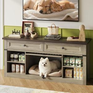 imageWLIVE Farmhouse TV Stand up to 65 Inch TV with 2 Storage Drawers amp Open Shelves Entertainment Center with Small DogCat House TV Cabinet for Living Room BedroomDog Crate Furniture Milk WhiteGrey Oak