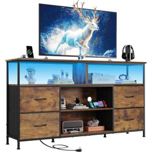 imageWLIVE TV Stand Dresser for 505560 inch TV Entertainment Center with LED Lights amp Fabric Drawers Dresser TV Stand for Bedroom and Living Room with Open Shelves Rustic BrownRustic Brown