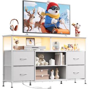imageWLIVE TV Stand Dresser for 505560 inch TV Entertainment Center with LED Lights amp Fabric Drawers Dresser TV Stand for Bedroom and Living Room with Open Shelves Rustic BrownWhite
