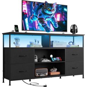 imageWLIVE TV Stand Dresser for 505560 inch TV Entertainment Center with LED Lights amp Fabric Drawers Dresser TV Stand for Bedroom and Living Room with Open Shelves Rustic BrownBlack